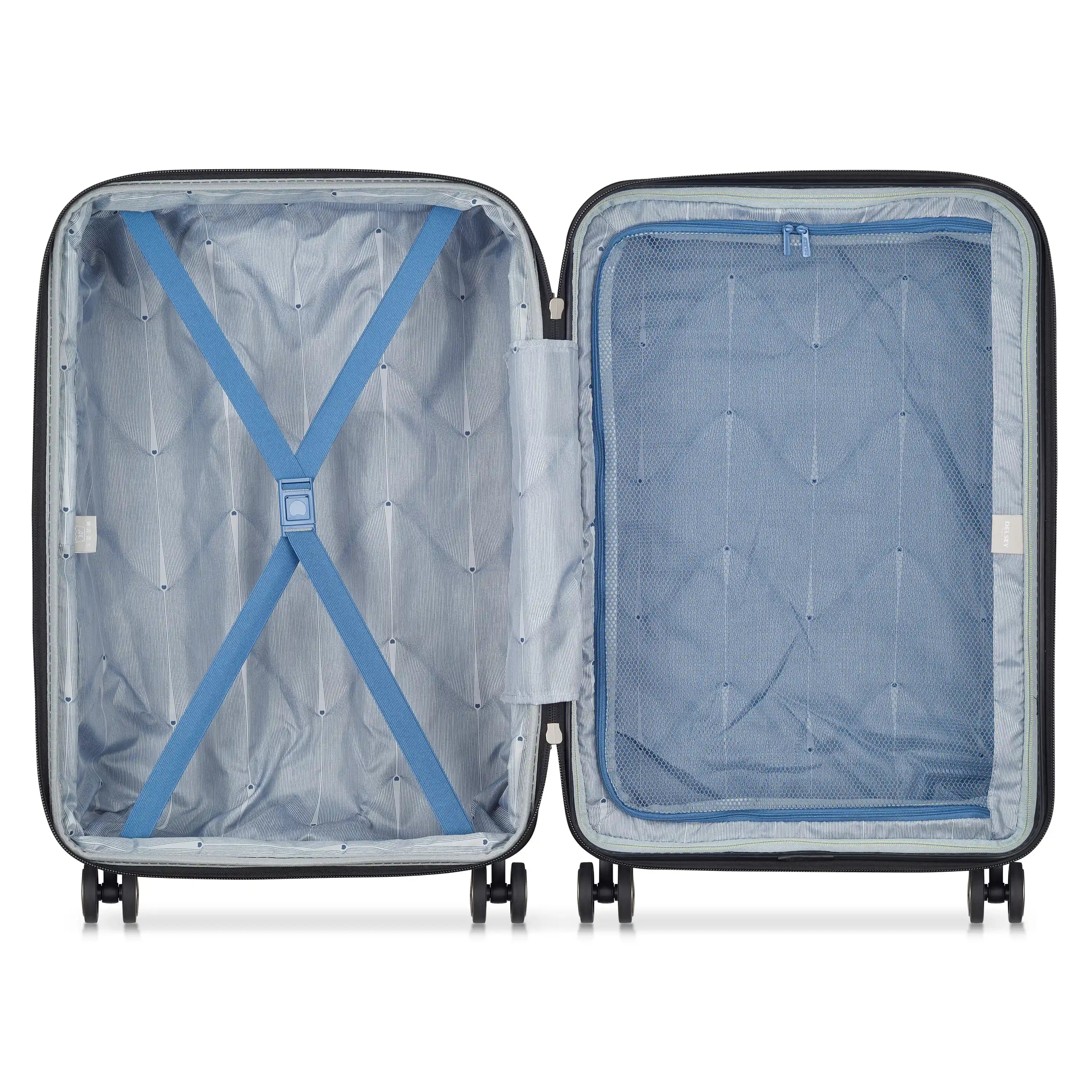 Open suitcase with blue interior and straps on a white background