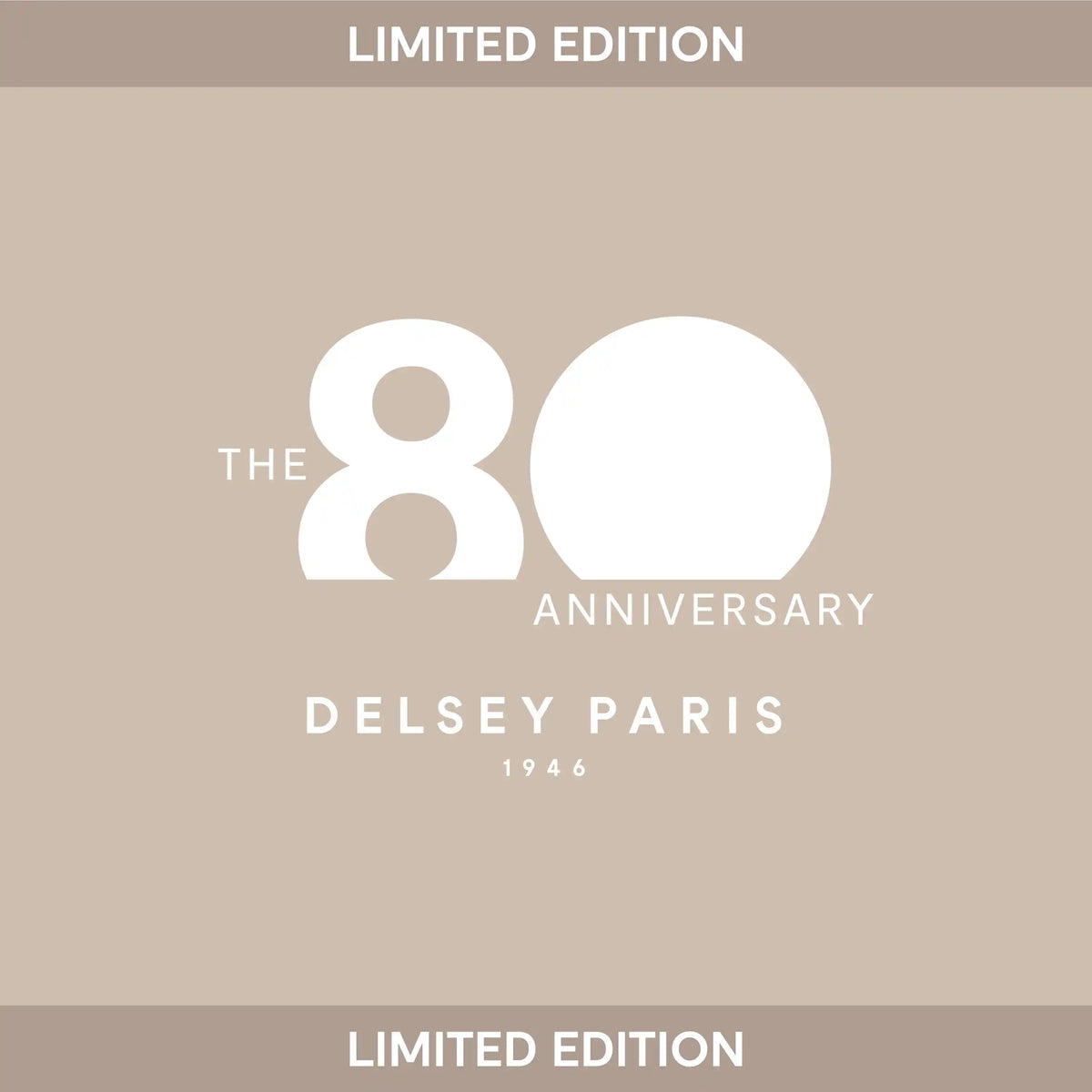 Limited Edition Delsey Paris 80th anniversary logo on a beige background
