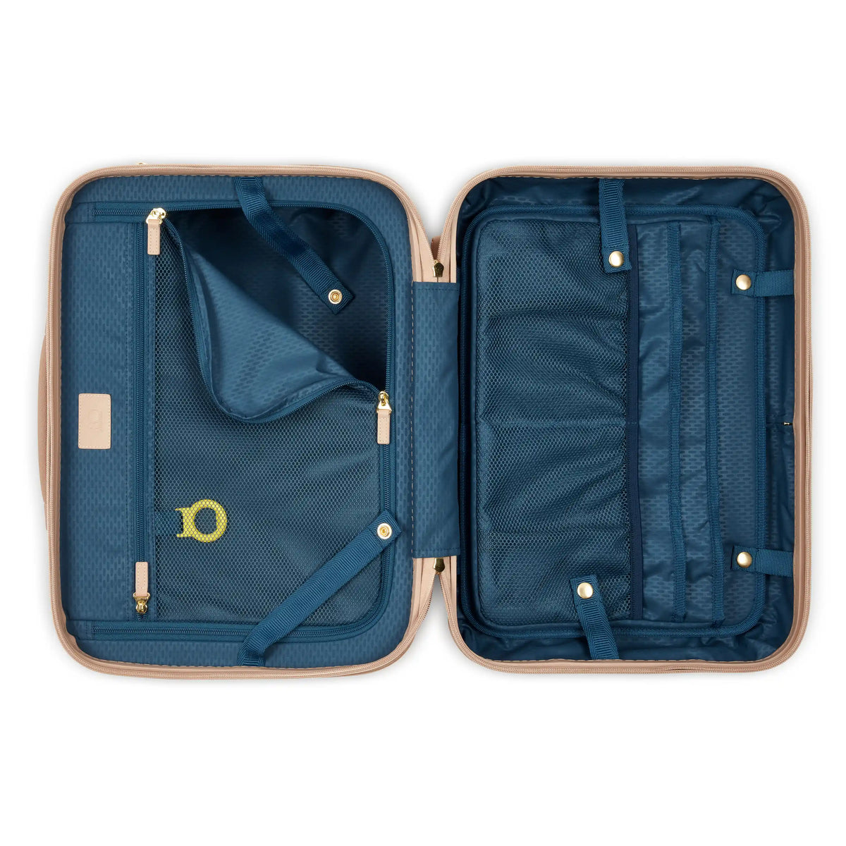 Open blue travel suitcase with beige exterior on a white background