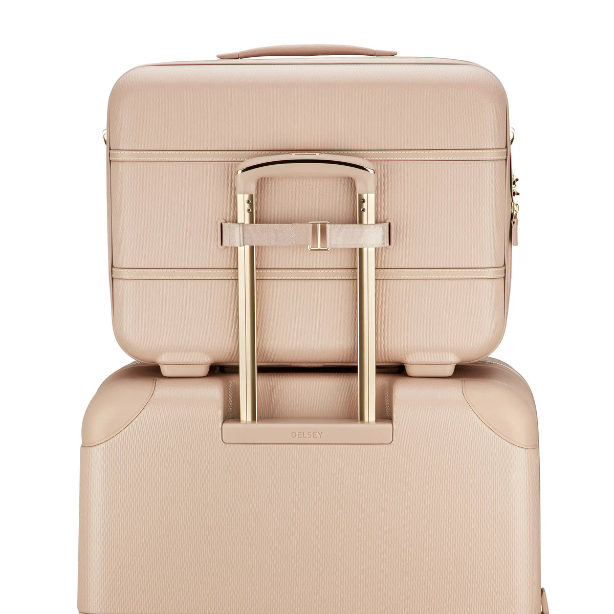 Beige suitcase with gold handle on a white background