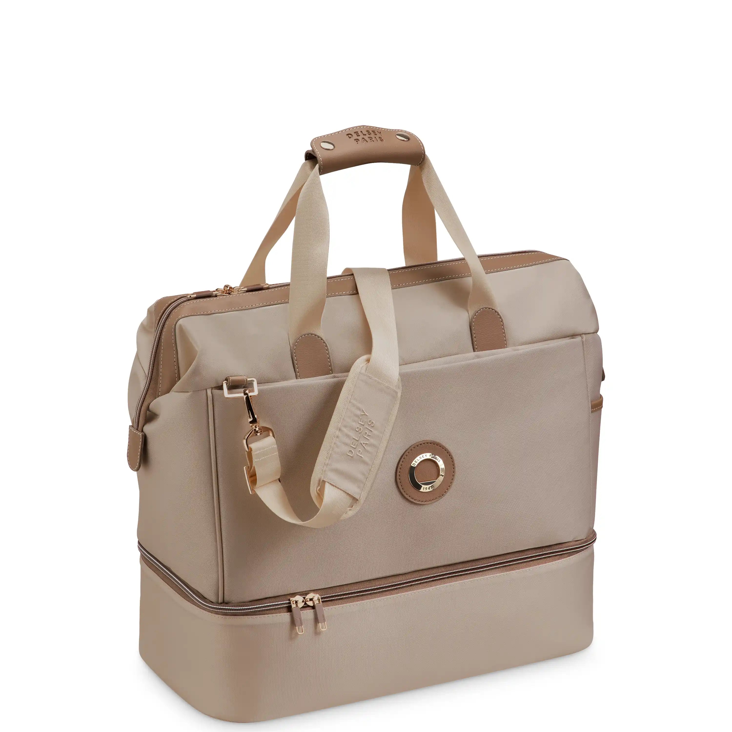 Beige and brown suitcase with handle on a white background
