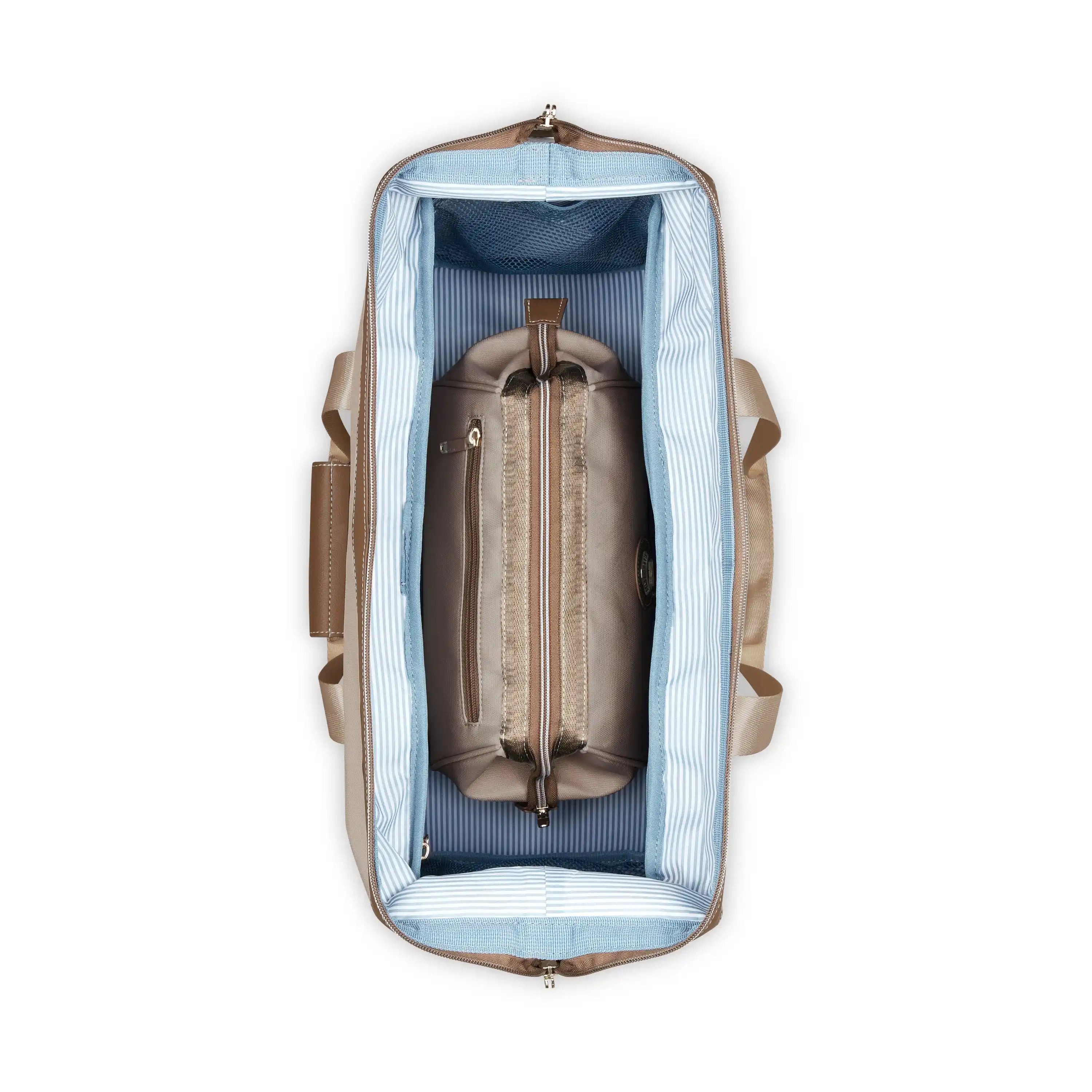 Beige duffel bag with blue interior on a white background